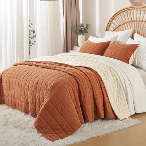 softpage Cotton Quilt Bed Spreads, 3-Pieces Bedding Set with Coverlet Light Weight Quilt Blanket with 2 Pillow Shams (Burnt Orange, Queen) softpage