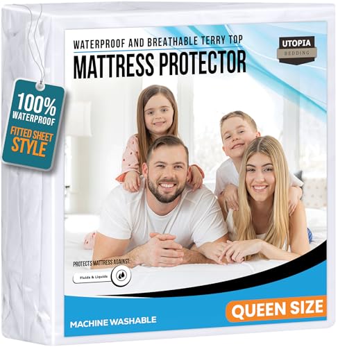 Queen Size Mattress Protector Waterproof, Premium 200 GSM Terry Mattress Cover, Soft & Breathable Bed Cover, Fitted Sheet Style Stretchable Deep Pockets 17" by Utopia Bedding (White) Utopia Bedding