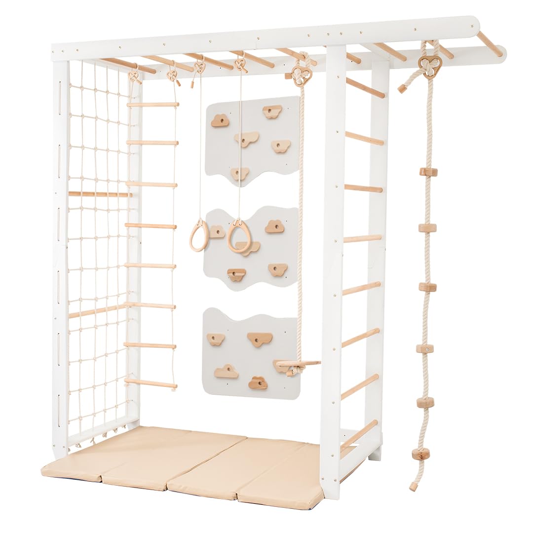 Woodandhearts Swedish Ladder Indoor Kids Gym, Montessori Play Gym Climbing Set, Wooden Indoor Playground for Toddlers with Accessories (with 3 Wall Panels, Big Bridge) Wood And Hearts