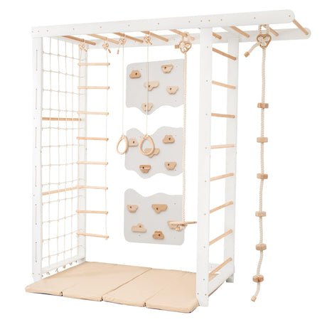 Woodandhearts Swedish Ladder Indoor Kids Gym, Montessori Play Gym Climbing Set, Wooden Indoor Playground for Toddlers with Accessories (with 3 Wall Panels, Big Bridge) Wood And Hearts