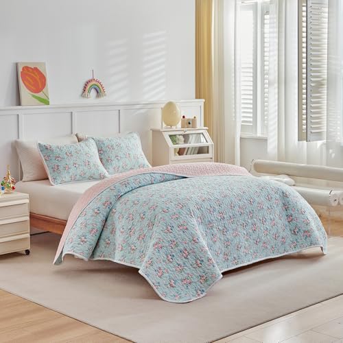 Joyreap Twin Size Floral Quilt Set for Girls, Pink Flowers on Blue Design, 3pcs Microfiber Lightweight Quilt Bedding Set, Bedspread Bed Cover for All Season- 68x88 inches Joyreap