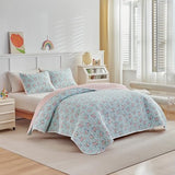 Joyreap Twin Size Floral Quilt Set for Girls, Pink Flowers on Blue Design, 3pcs Microfiber Lightweight Quilt Bedding Set, Bedspread Bed Cover for All Season- 68x88 inches Joyreap