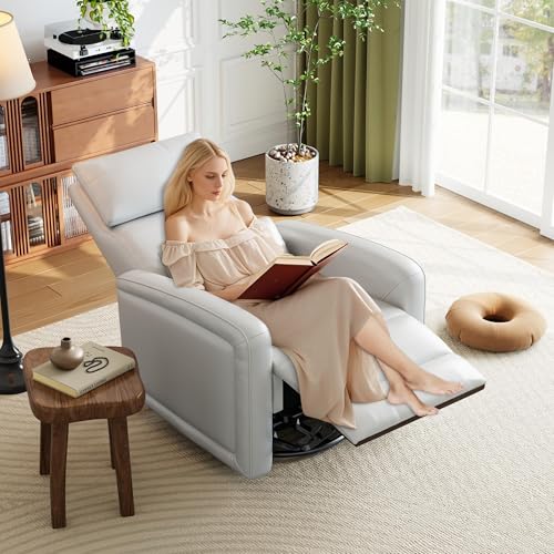 GarveeTech Adult Manual Recliner Chair with 360° Swivel, Faux Leather Reclining Sofa Rock, Adjustable Backrest and Footstool, Concealed Pull Lever, Modern Living Room Armchair, White