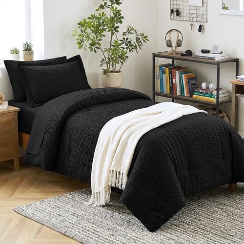 CozyLux Twin XL Comforter Set with Sheets Seersucker Black 5 Pieces Bed in a Bag, Twin Extra Long Luxury Soft Bedding Sets for College Dorm with Down Alternative Comforter, Sheets, Pillowcase & Sham CozyLux