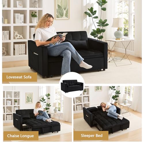 YitZanefrin 54'' 3 in 1 Convertible Sleeper Sofa Bed, Futon Couches Bed for Living Room with Side Pocket | Adjustable Backrest | Velvet Fabric | Pull Out Couch | Love Seat Sofa Black YitZanefrin