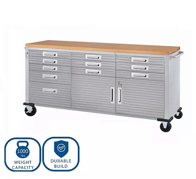 Heavy-Duty Rolling Workbench with Drawers and Cabinet, 77" W x 20" D x 37.5" H, (Granite, 11 Drawer) - WoodArtSupply