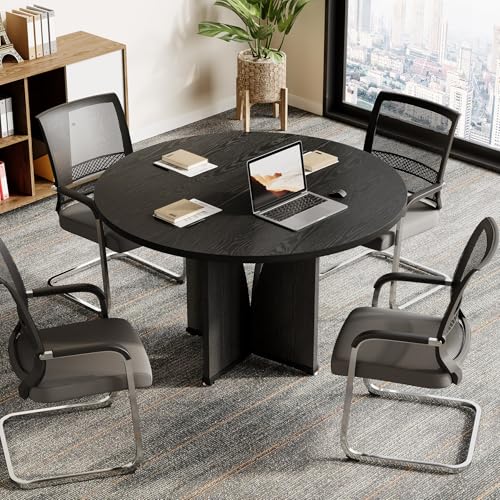 LITTLE TREE 39-Inch Small Conference Table for 4, Round Meeting Table with X-Shape Pedestal, for Office, Conference Room, Small Spaces, Black LITTLE TREE