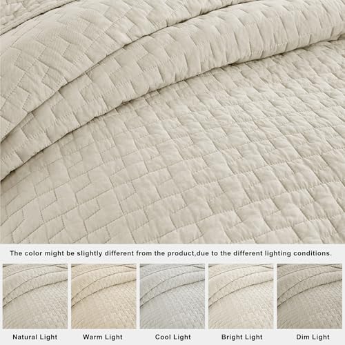 palassio Beige 100% Cotton Quilt King Size Bedding Sets with 2 Pillow Shams, Textured Lightweight Soft Bedspread Shabby Chic Coverlet, Neutral Quilted Comforter Bed Cover for All Season, 3 Pieces palassio