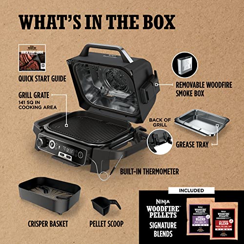Ninja, Woodfire Pro Outdoor Grill and Smoker, Thermometer, BBQ Smoker, Air Fryer, Bake, Roast, Dehydrate, Broil, 7-in-1, Master Grill, Ninja Woodfire Pellets, Portable, Electric Grill, Grey, OG751BRN Ninja