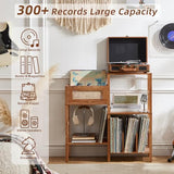 LELELINKY Record Player Stand, Brown Wood Record Holder with Vinyl Storage Holds up to 300+ Albums, 3-Tier Rattan Media Table with Vinyl Display Shelf, Record Storage Cabinet for Living Room LELELINKY