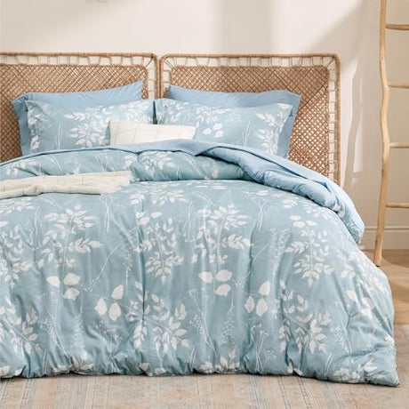 Bedsure Sky Blue Queen Comforter Set - 7 Pieces Floral Bedding Sets, Queen Bed in a Bag with Reversible Botanical Flowers Comforter, Sheets, Pillowcases & Shams Bedsure
