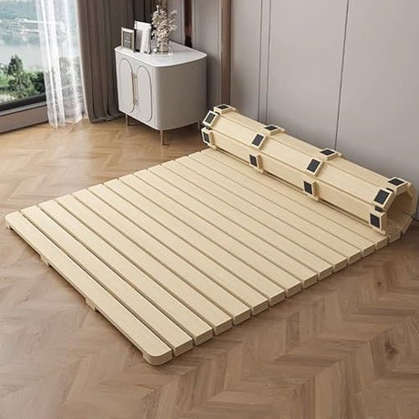 Folding Bed Frame, Natural Solid Wood Bed Frame,Japanese Platform Bed Frame Wooden Slatted Pallet Floor Bed, Roll-Up Slatted, 79" Lx39.4 W SUZEPER