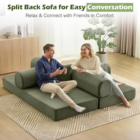 CozySpot Sofa Bed, 79" Convertible Sleeper Sofa with Pull Out Bed, 5-in-1 Folding Corduroy Futon Couch, Modular Loveseat Sofa Bed for Living Room, Bedroom & Apartment, Green CozySpot