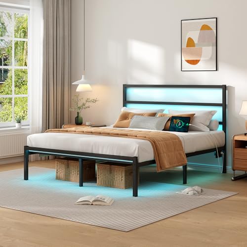CLIBFENG Full Size Bed Frame with Headboard,Heavy Duty Steel Slats Support-LED Bed Frame with USB Charging Station,Mattress Foundation-Under Bed Storage,No Box Spring Needed,Noise Free，Black CLIBFENG
