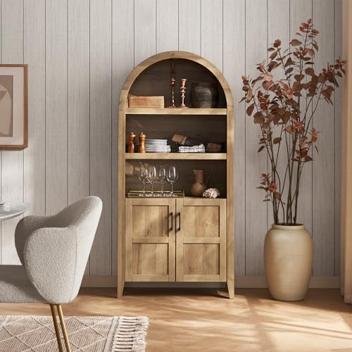 mopio Lauren 65.4" Short Arched Cabinet, 5-Tier Arched Bookcase with Doors and Shelves, Mini Arched Bookshelf with Storage, Kitchen Pantry Cabinet, Wooden Storage Cabinet for Living Room (Oak - WoodArtSupply