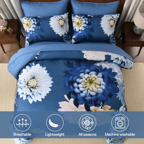 DJY Comforter Set Queen Size, 7 Piece Grey Blue Floral Comforter Set with Sheets Elegant Flower Print Bed in a Bag Soft Microfiber Complete Bedding Set for All Season DJY