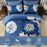 DJY Comforter Set Queen Size, 7 Piece Grey Blue Floral Comforter Set with Sheets Elegant Flower Print Bed in a Bag Soft Microfiber Complete Bedding Set for All Season DJY