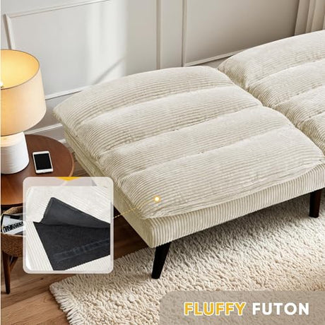Flamaker Convertible Futon Sofa Bed Futon Couch with Adjustable Back Upholstered Sleeper Sofa Bed for Living Room Furniture (Corduroy, White) Flamaker