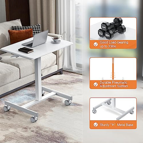 Sweetcrispy Small Mobile Standing Desk, Rolling Laptop Computer Carts, Portable Laptop Desk with Wheels, Adjustable Height Table for Home Office, White Sweetcrispy