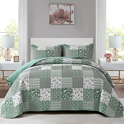 Mybedsoul Sage Green Boho King Quilt Set, 3-Piece Reversible Soft Plaid Floral Bedding Set with 2 Pillow Shams - Sage Green King Size Quilt Bedspread Coverlet Set 90"x104" Mybedsoul