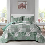 Mybedsoul Sage Green Boho King Quilt Set, 3-Piece Reversible Soft Plaid Floral Bedding Set with 2 Pillow Shams - Sage Green King Size Quilt Bedspread Coverlet Set 90"x104" Mybedsoul