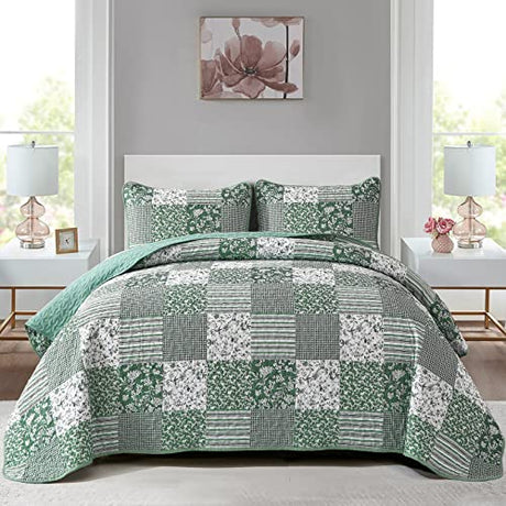 Mybedsoul Sage Green Boho King Quilt Set, 3-Piece Reversible Soft Plaid Floral Bedding Set with 2 Pillow Shams - Sage Green King Size Quilt Bedspread Coverlet Set 90"x104" Mybedsoul