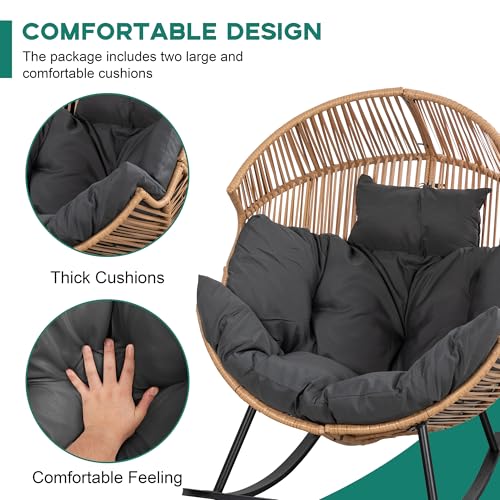Shintenchi Wicker Egg Chair,Oversized Outdoor Indoor Rocking Chair,Large PE Rattan Rocking Chair with Cushion for Patio, Balcony, Backyard, Garden,Deep Grey Shintenchi