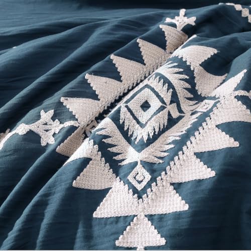 MaiRêve Embroidery Queen Size Comforter Set Navy Blue, Boho Farmhouse Western Bedding Set 7 Pieces, All Season Bed in A Bag Comforter Set with Sheets, Pillowcases & Shams MaiRêve