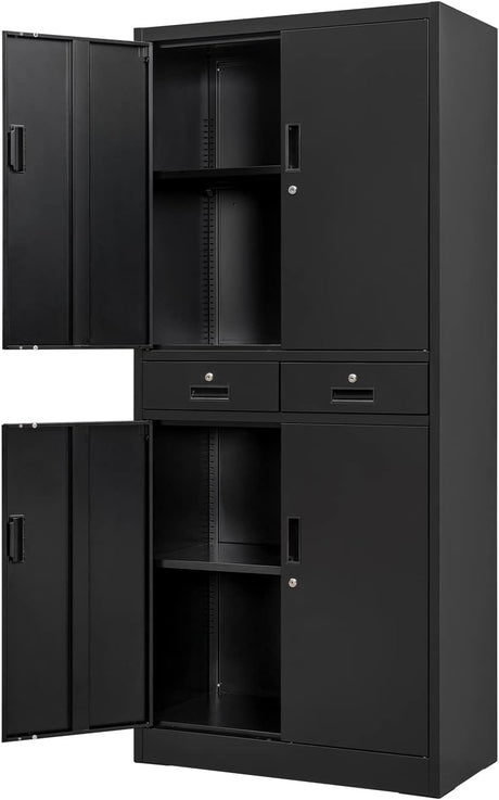 CJF Metal Storage Cabinet with Adjustable Shelves and Drawers, Locking Steel Storage Cabinet for Pantry, Office, Garage, Home, School, Utility (Black) CJF
