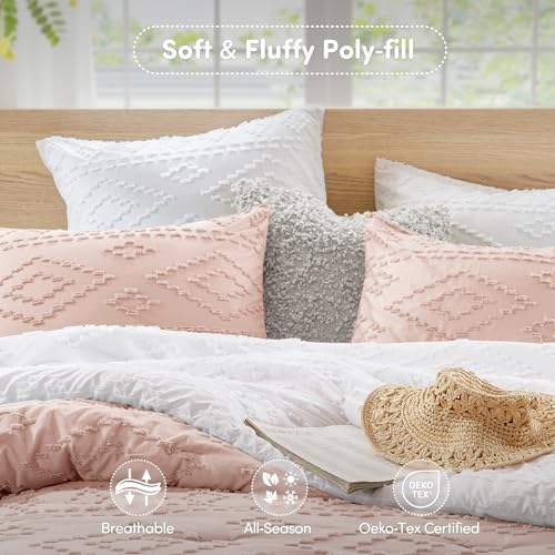 Comfort Spaces Comforter for Queen Size Bed, Geometric Diamond Tufted Boho Comforter Set Queen, All Season Lightweight Bedding Set, Matching Sham, Full/Queen Pink 3 Piece Comfort Spaces
