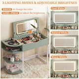 Cyclysio Vanity Desk with Flip Top Mirror and Lights, Makeup Vanity Desk with Drawers, Dressing Table with Storage Shelves & Charging Station, Small Vanity for Small Spaces, Green Cyclysio