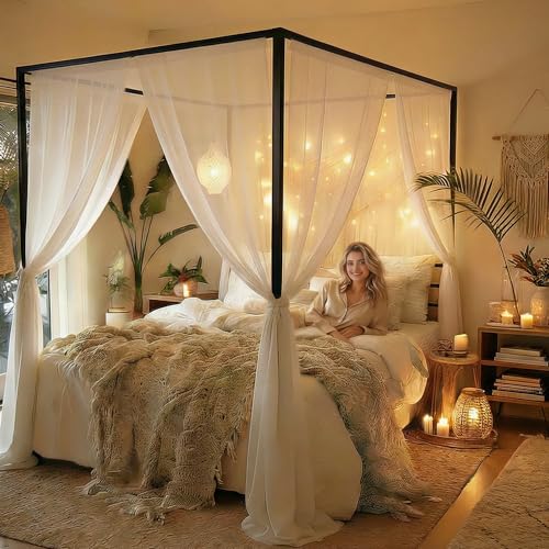 YITAHOME Canopy Bed Frame Metal Four Posters 14 Inch Platform with Built-in Headboard Strong Metal Slat Mattress Support, No Box Spring Needed, Black, Queen Size