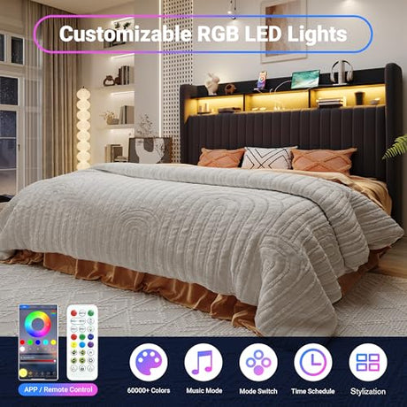 Allewie King Size Lift Up Hydraulic Storage Bed Frame, 2-Tier Shelf Headboard with LED Lights and Charging Station, USB and Type C Ports, Wingback Velvet Headboard, No Box Spring Needed, Black Allewie