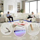 Breathing Leather Reclining Sofa Set,Power Recliner Sectional Couch with LED Light,Modern Living Room Furniture Set,Reclining Sectional Couch Set with USB Port/Storage for Home/Home Theater