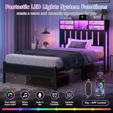 Twin Size Bed Frame with Charging Station and LED Lights, Twin Bed Frames with Storage Headboard, Black LED Bed Frame with Storage Shelves, Metal Platform with Under-Bed Storage, No Box Spring Needed CSZZD