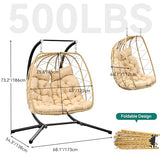 YITAHOME Patio Love Seats Chair with Stand Double Egg Chair, 2 Person Couple Wicker Rattan Chair Outdoor Egg Chair with Cushions 500lbs for Patio, Garden, Poolside and Balcony, Beige YITAHOME