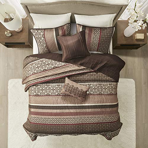 Madison Park Quilt Set Luxurious Jacquard Stripes Design - All Season, Coverlet Bedspread Lightweight Bedding Layer, Shams, Decorative Pillow, Full/Queen(90"x90"), Floral Red 5 Piece Madison Park