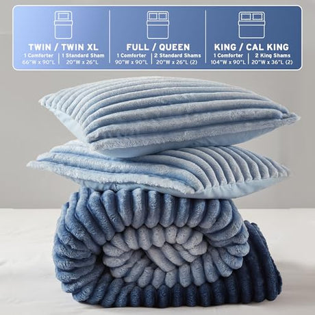 Intelligent Design Queen Comforter Set, Plush Bedding, Microfiber Reverse, 3 Piece, Lightweight, Super Soft Ribbed Velvet Comforter 2 Shams, All Season Fluffy Bed Set, Avril, Full/Queen Blue Ombre Intelligent Design