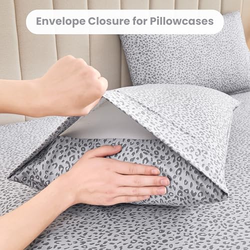 Mooreeke Leopard Cheetah Printed Queen Bed Sheets, Soft Microfiber Bedding Sheets & Pillowcases, Deep Pocket Non-Slip Fitted Queen Sheet, Silver Grey Animal Pattern Bedsheets Mooreeke