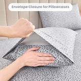 Mooreeke Leopard Cheetah Printed Queen Bed Sheets, Soft Microfiber Bedding Sheets & Pillowcases, Deep Pocket Non-Slip Fitted Queen Sheet, Silver Grey Animal Pattern Bedsheets Mooreeke
