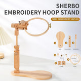 Sherbo Adjustable Embroidery Hoop Stand with 2PCS 6'' 7''Hoops, Rotated Beech Wood Cross Stitch Frame, Hands-Free Needlework Stand, Solid Hand-Polished Natural Wood Holder for Sewing Projects. S SHERBO