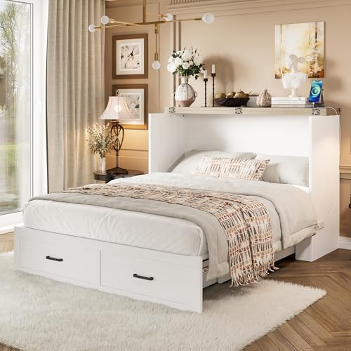 Bellemave Queen Murphy Bed, Cabinet Bed with Charging Station and 1 Large Storage Drawer, Farmhouse Murphy Cabinet with Foldable Panel, Noisy Free, for Guest Bedroom, Living Room, White Bellemave