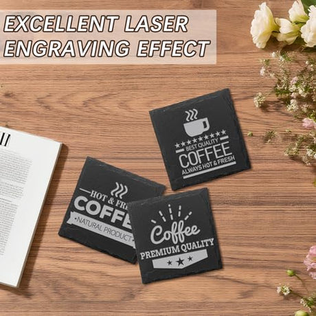 24 PCS Slate Coasters Black Square 4 Inch Bulk Rock, Blank Laser Engraving, Scratch Resistant Bottom, Home Office Kitchen Gift Wedding Bar Party DASSNANE