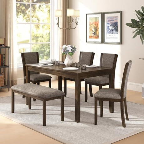 Zevemomo 6-Piece Solid Wood Dining Table Set, Including 1 Dining Table, 4 Upholstered Chairs and 1 Bench, Farmhouse Wooden Legs Dining Table Set for Living Room, Kitchen, Dark Walnut Zevemomo