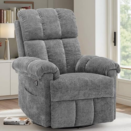 Korser Recliner Chair, Swivel Rocker Recliner Chair for Adults, Small Recliners for Small Spaces, Manual Recliner with Side Pockets, Upholstered Nursery Rocking Chair for Living Room, Chenille, Grey Korser