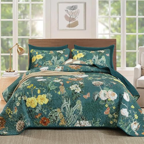 Anibedding Floral Quilt Set Queen Size, 3Pieces Green Microfiber Lightweight Besspread for Bedroom Living Room All Season Use Anibedding