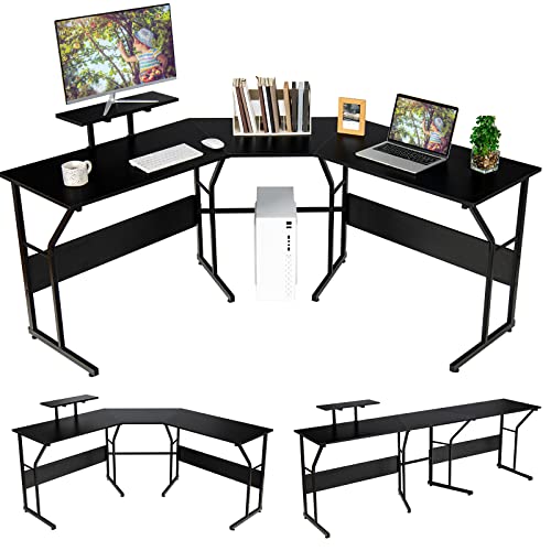 Tangkula L-Shaped Reversible Computer Desk, 2 Person Long Computer Workstation w/Movable Monitor Stand, Large Home Office Corner Desk for Working Writing Gaming (Black) - WoodArtSupply