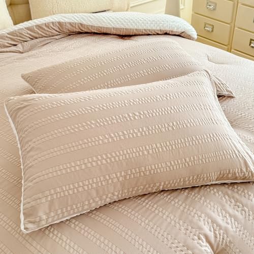 tohrisa Boho Comforter Set Twin Size Striped Pleats Bohemian Seersucker Bedding Set All Season Soft Cozy 2 Pieces Quilt with 1 Pillowcase(68"X90" Beige) tohrisa