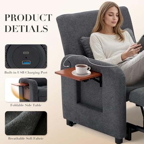 Convertible Sleeper Chair-Fabric Futon Sofa Bed, Single Sleeper Sofa, Small Couch Bed with USB Port, Foldable Table, Pillow, Adjustable Backrest for Dorm/Bedroom/College Darkgrey COLAMY