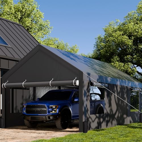 JAMFLY Carport, 12x20 ft Heavy Duty Carport with Roll-up Windows, Portable Garage with Removable Sidewalls & Doors, Car Canopy with Sandbags and All-Season Tarp for Car Boat Truck Motorcycle, Grey JAMFLY